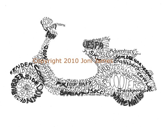 Retro Italian Vespa Scooter Art Typography Drawing Word Art Calligram