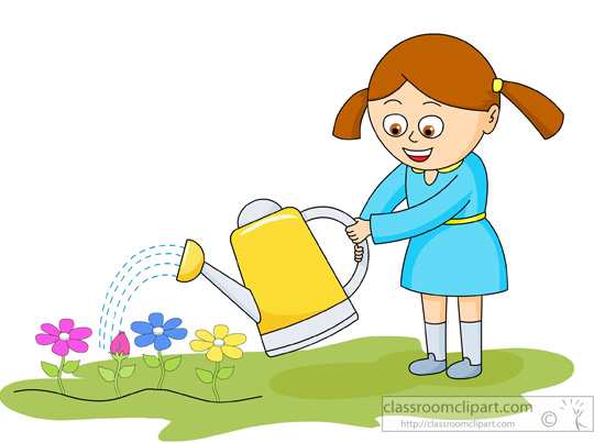 Girl Watering Flowers With Yellow Water Can   Classroom Clipart