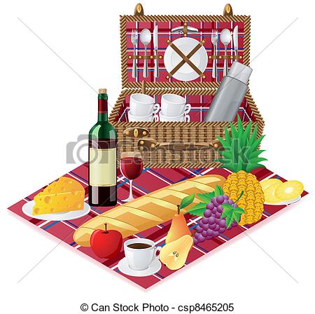 Vector   Basket For A Picnic With Tableware   Stock Illustration
