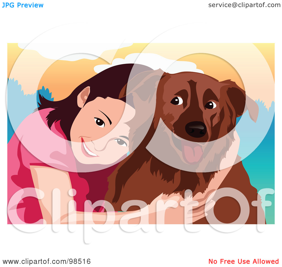 Free  Rf  Clipart Illustration Of A Smiling Girl Hugging Her Dog