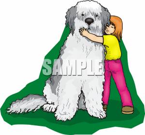 Girl Hugging A Big Sheep Dog   Royalty Free Clipart Picture
