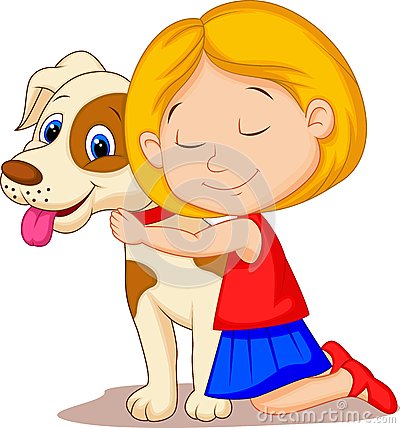 Lovely Cartoon Little Girl Hugging Pet Dog With Passion Royalty Free