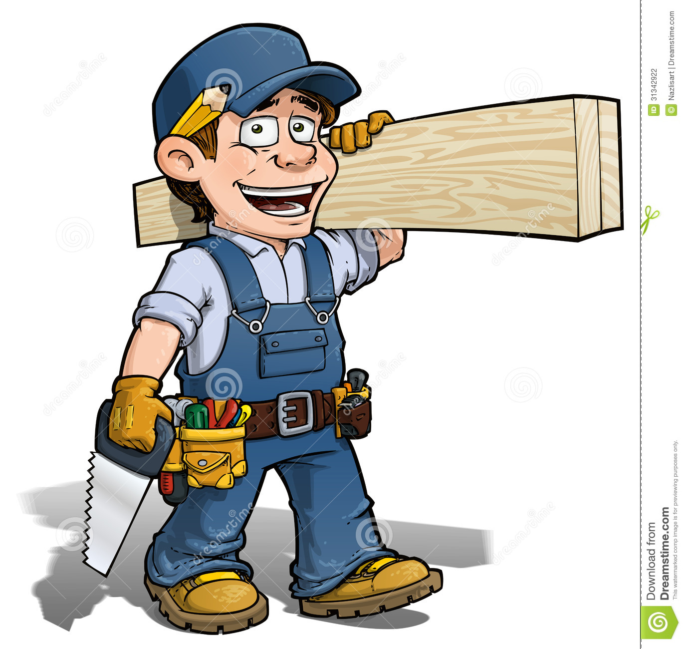 Cartoon Illustration Of A Handyman   Carpenter Carrying Planks Of Wood