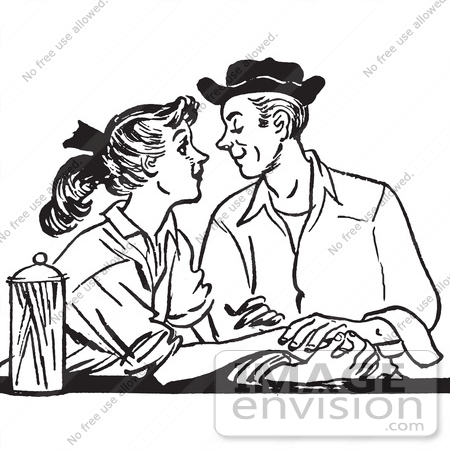 Retro Clipart Of A Vintage Teenage Couple Swooning At A Diner In Black