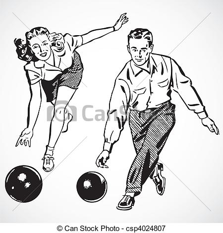 Vector   Vector Vintage Bowling Couple   Stock Illustration Royalty