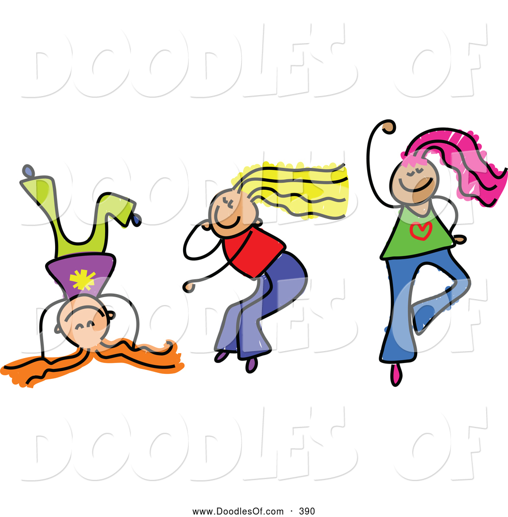 Clipart Of A Childs Sketch Of Three Smiling Girls Playing Together