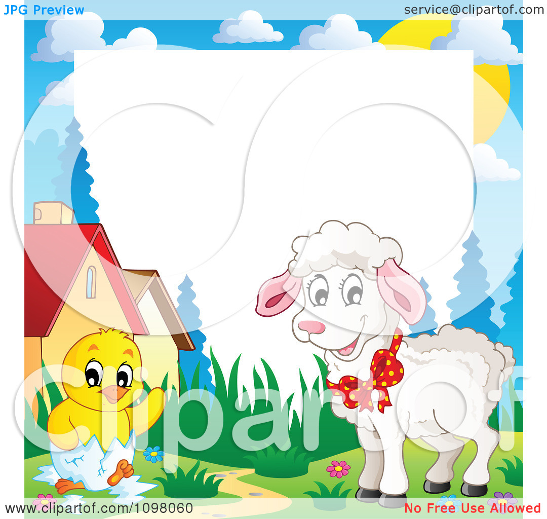 Clipart Easter Frame With A Cute White Lamb And Hatching Chick Around