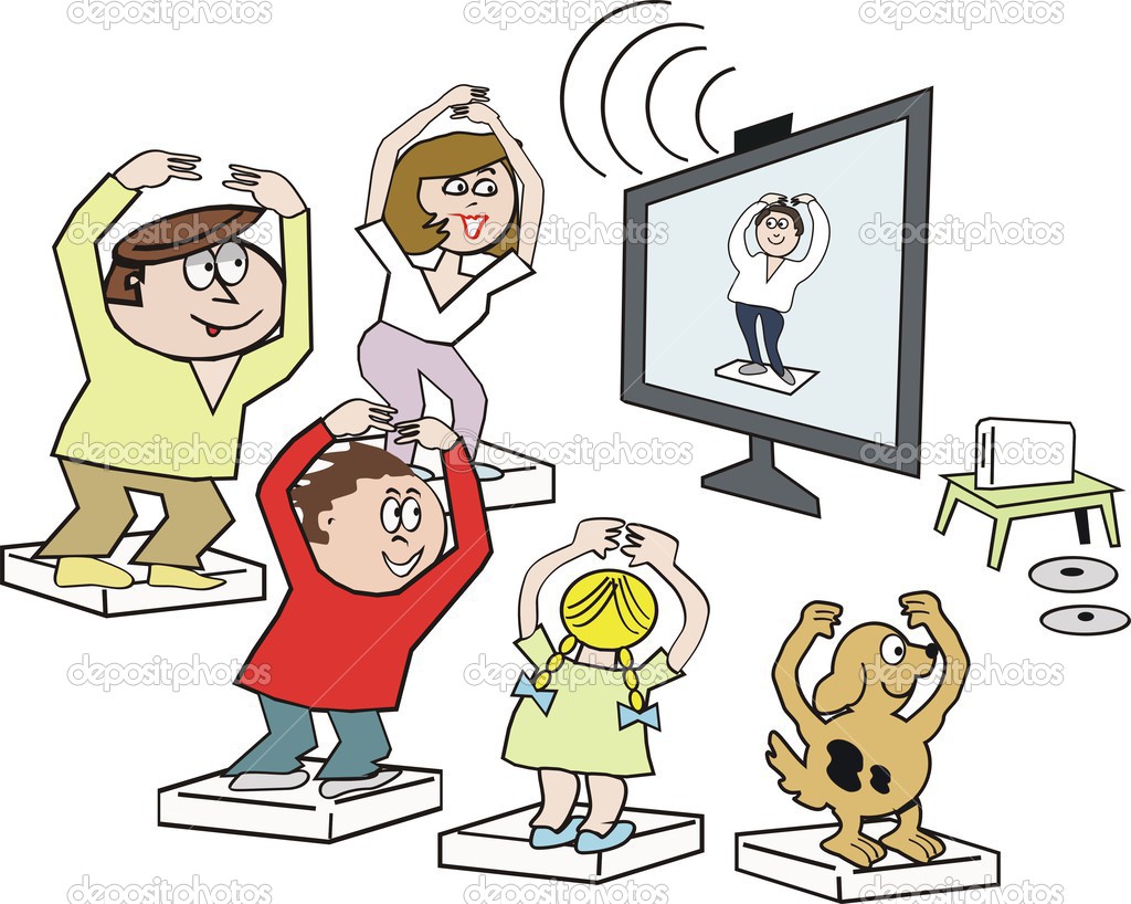 Cartoon Showing Happy Family Doing Yoga Exercise Class In Front Of