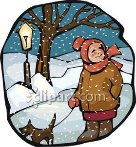 Man Walking His Dog In The Snow   Royalty Free Clipart Picture