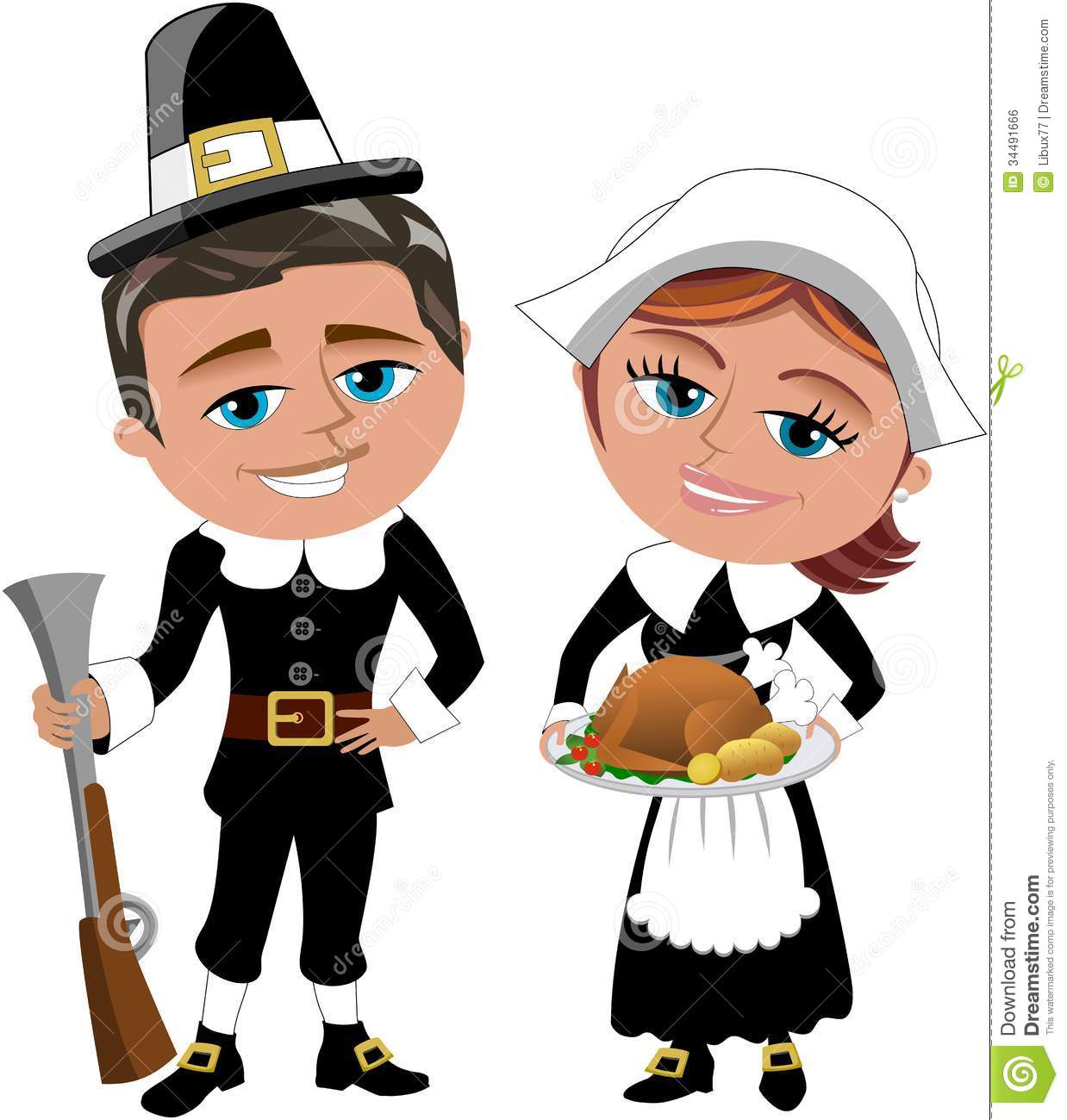 Happy Cartoon Pilgrims With Rifle And Roast Turkey Royalty Free Stock
