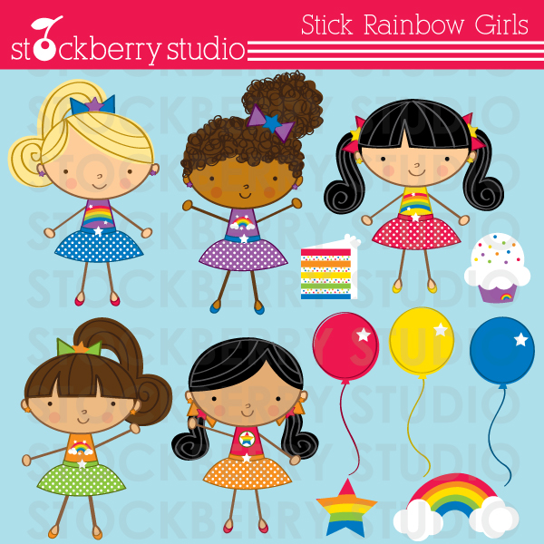 Rainbow Stick Girls Clipart Set Rainbow Cupcake Rainbow Cake Balloons