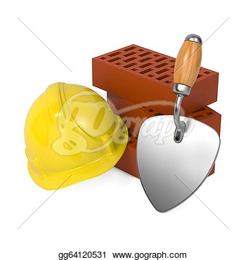 Trowel And Bricks Isolated On White Background Drawing Clipart
