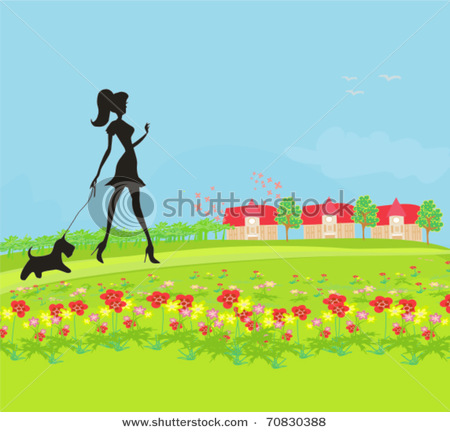 Walking Her Dog In The Park   Vector Clip Art Illustration Picture