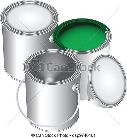 Cans Of Paint Closed Open And Empty With Green Paint  Vector