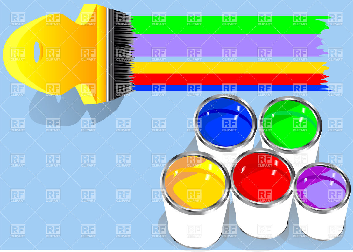 Paintbrush And Cans Of Paint In Rainbow Colors Icons And Emblems