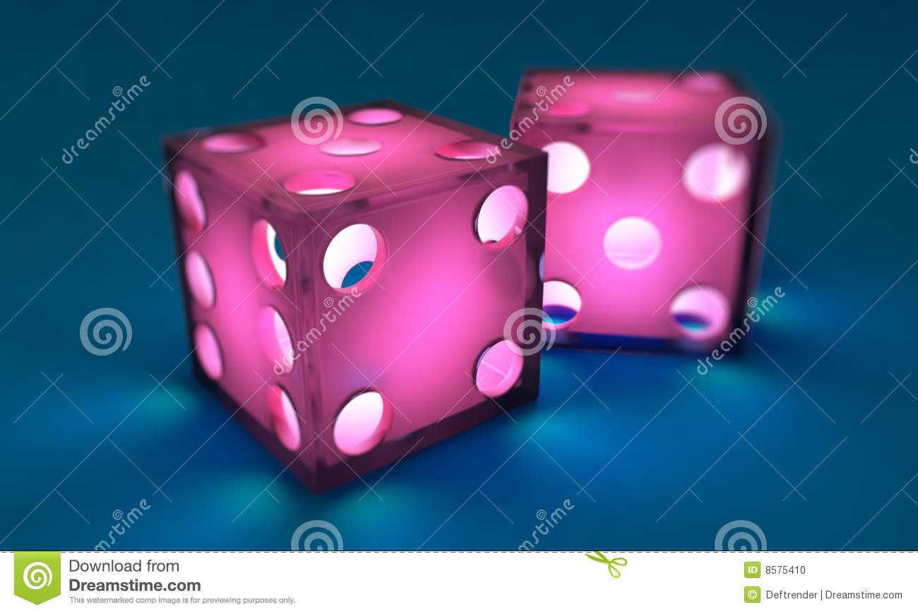 Pink Dice On Blue Background Illuminated From Within