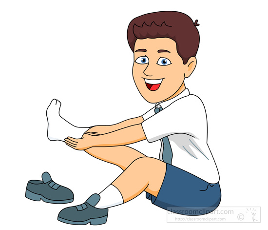 Boy Sitting Down Putting On Socks Shoes   Classroom Clipart