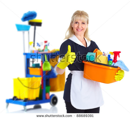 Cleaner Maid Woman With Janitor Cart  Isolated On White Background