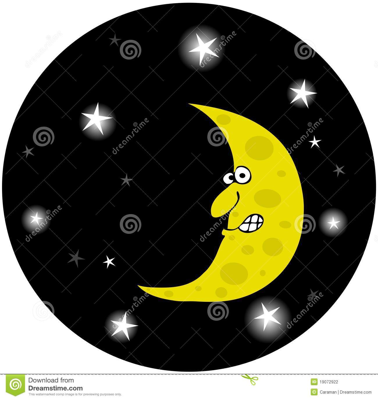 Depicts A Half Moon With A Face In A Star Filled Night Sky