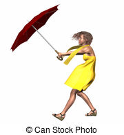 Woman Umbrella Wind Wearing Yellow Dress And Scarf Clipart