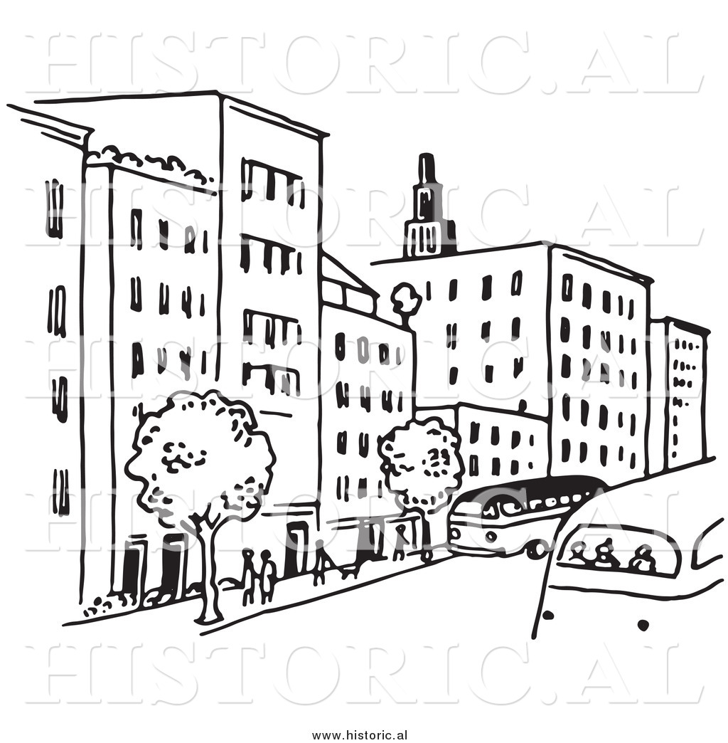 Clipart Of A City Street With Buildings Trees People And Buses