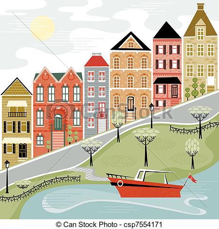 Of Quaint Village Street With Water Scene Csp7554171   Search Clipart