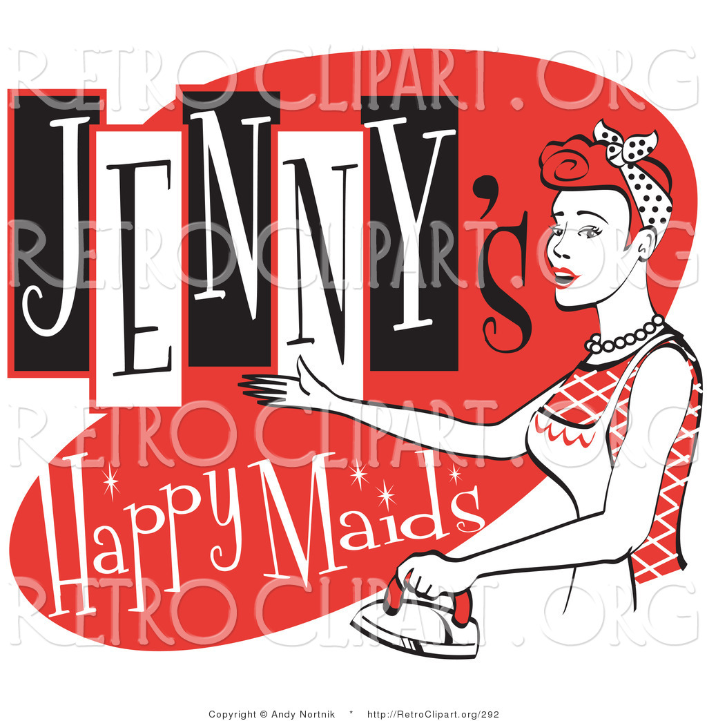 Retro Clipart Of A Happy Red Headed Woman In An Apron Ironing Clothes