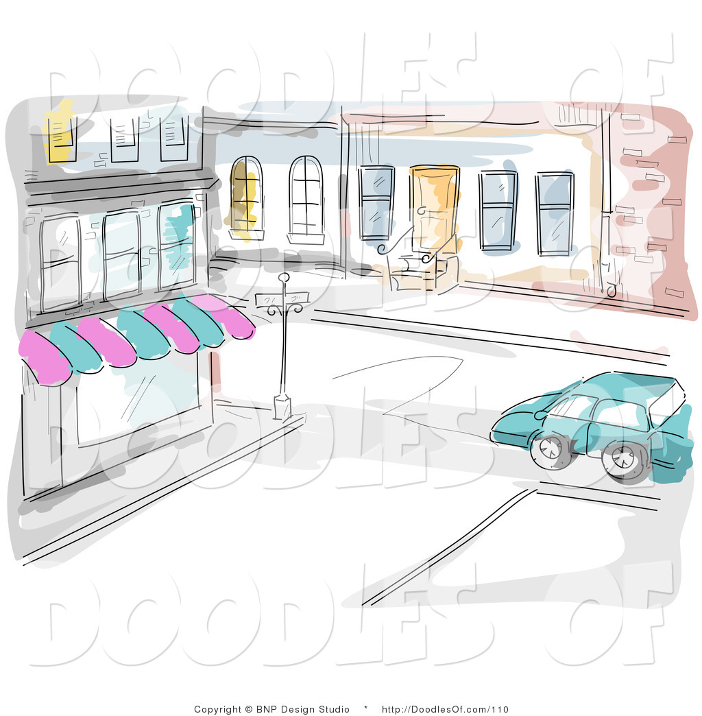 Vector Clipart Of A Watercolor And Sketched City Street And Store