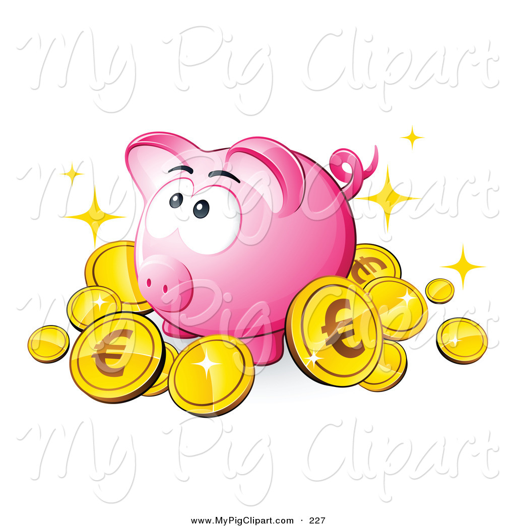 Clipart Of A Pink Piggy Bank Surrounded By Sparkling Gold Euro Coins