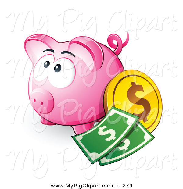 Swine Clipart Of A Wide Eyed Pink Piggy Bank With Cash And Coins By