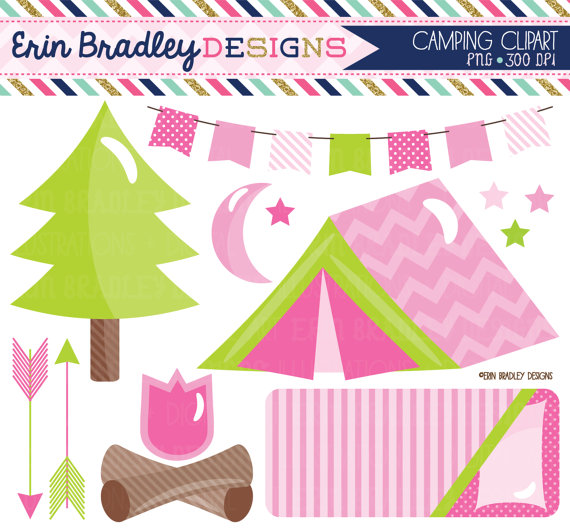 Girls Camping Clipart Set In Pink Glamping Clip Art Graphics With Tent
