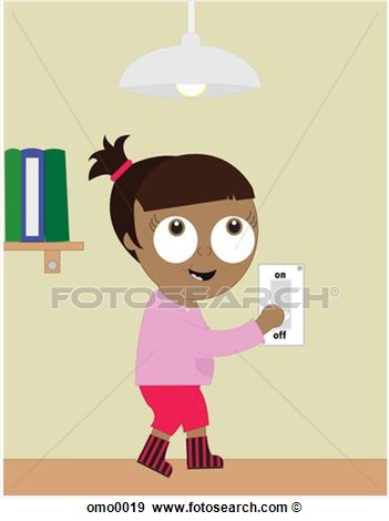 Illustration Of A Girl Turning Off The Light Switch To Conserve Energy