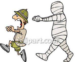 Scared Explorer Running From A Mummy   Royalty Free Clipart Picture