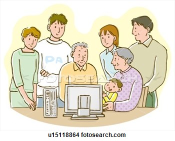 Three Generation Family Gathering In Front Of Computer Monitor View