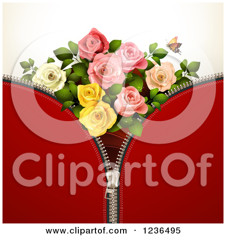 Clipart Of A Red Zipper Background With Roses And A Butterfly