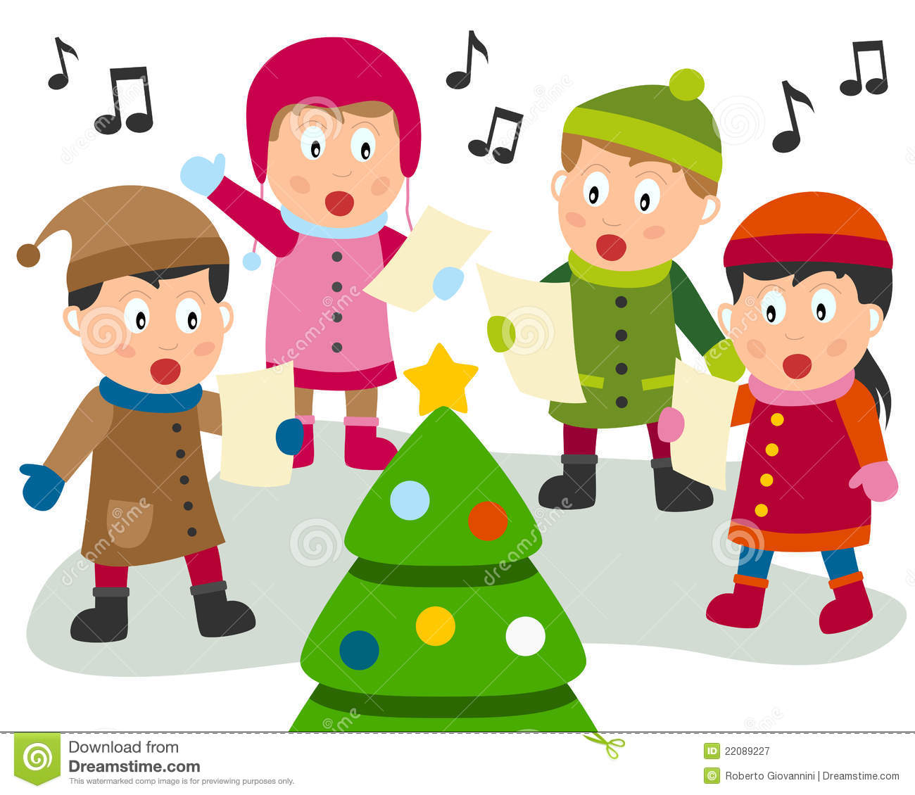Four Cute Kids Singing Christmas Carols In Front Of A Christmas Tree