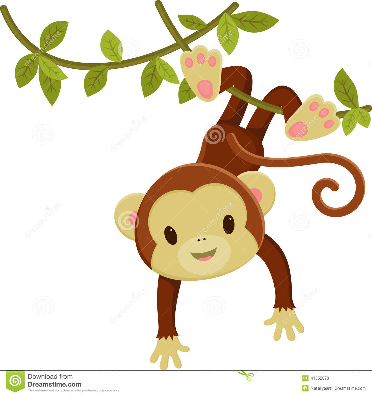 Cute Cartoon Monkey Hanging On A Liana  Vector Clip Art Illustration