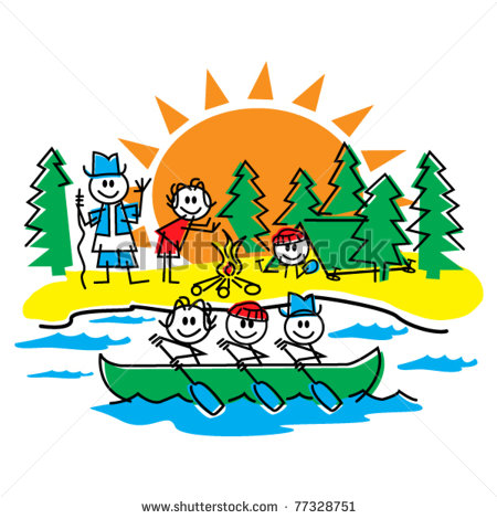      Hiking And Having Fun In A Canoe In The Summer    Stock Vector