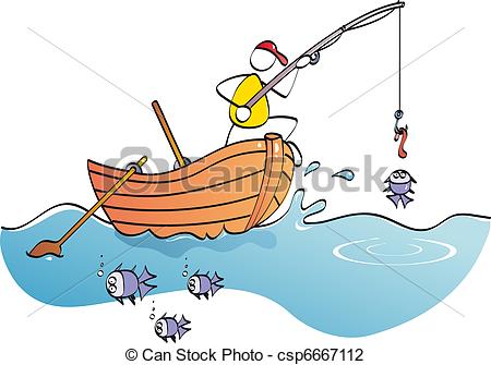 Vector Illustration Of Funny Fisherman   Man In His Boat Catching