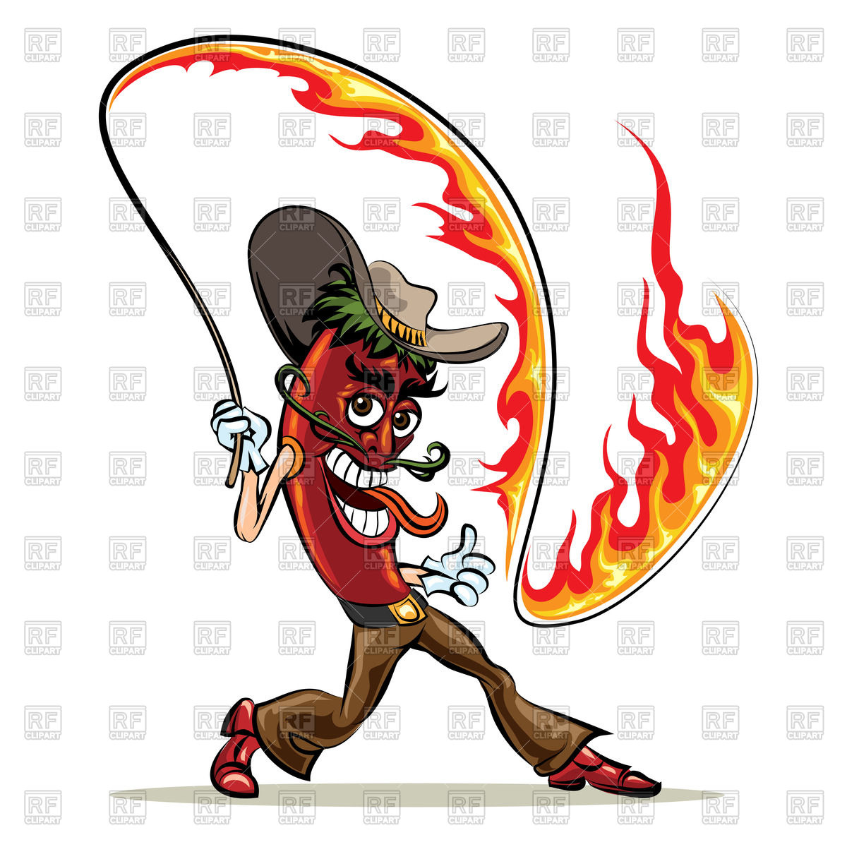 Cartoon Red Hot Chili Pepper In Cowboy Clothes With A Lash Of Fire