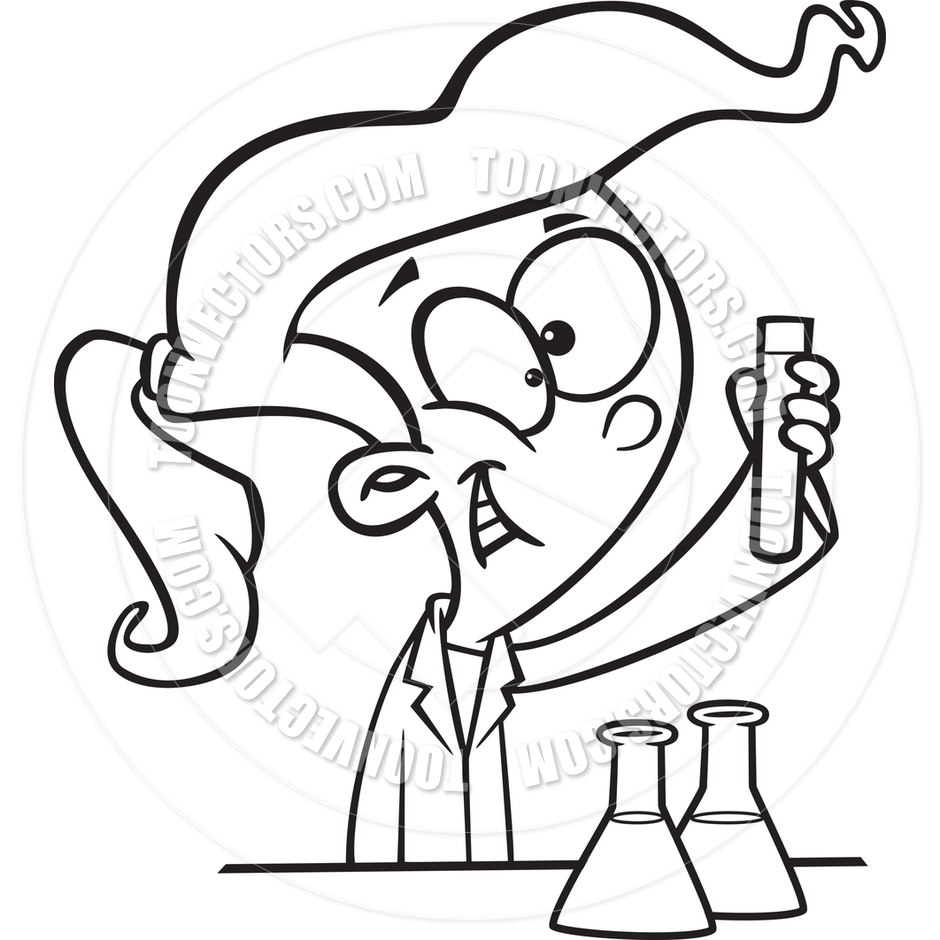 Cartoon Girl Performing A Chemistry Experiment  Black   White Line Art