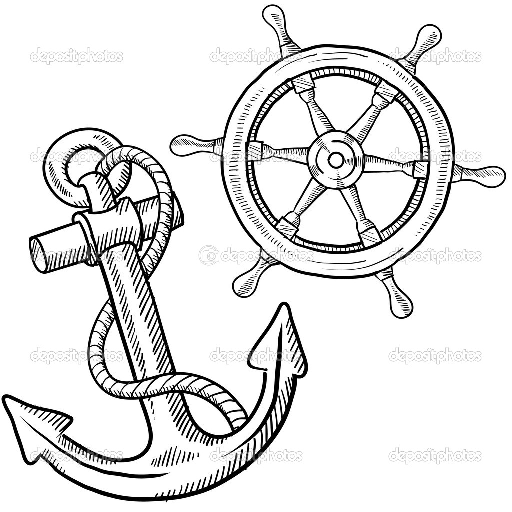 Anchor And Ship S Wheel Sketch   Stock Vector   Lhfgraphics