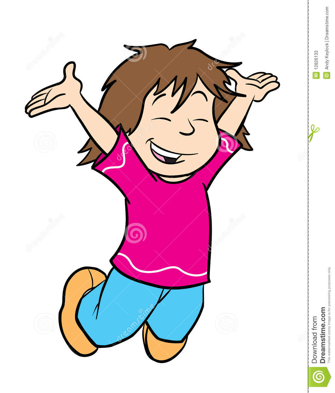 Cartoon Illustration Of A Cute Girl Jumping For Joy With Hands In The