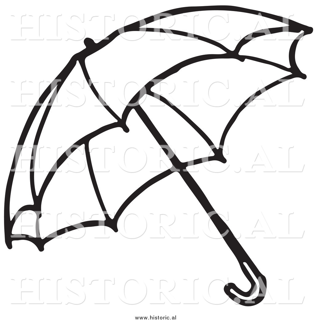 Clipart Of An Opened Umbrella   Black And White Outline By Al    9384