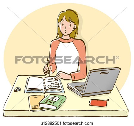 Clipart Of Woman Sitting At Desk And Writing Down On Notebook Front    
