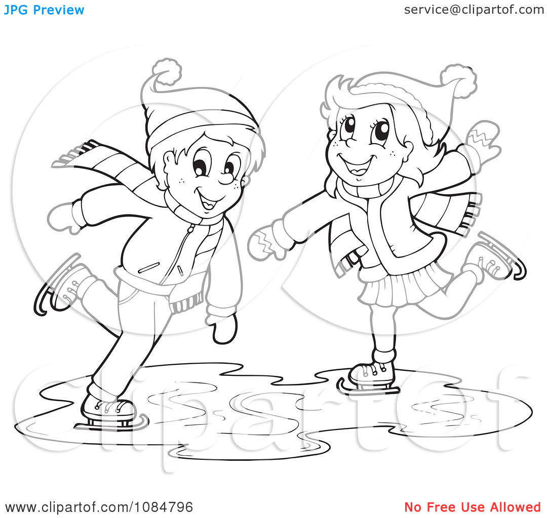 Cartoon Clipart Of A Black And White Chubby Devil Ice Skating Vector