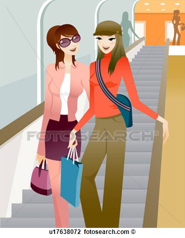 Clip Art Of Two Women Holding Shopping Bags And Walking Down A