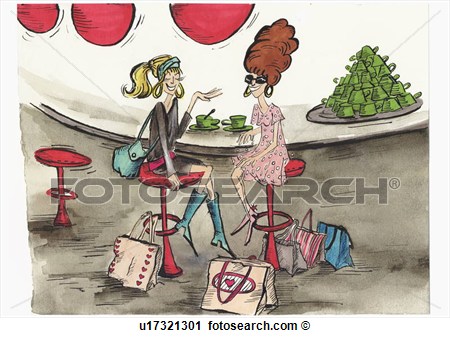 Clipart Of Two Women At Cafe After Shopping Trip