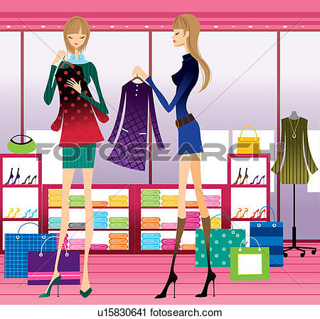 Clipart Of Two Young Women Clothes Shopping U15830641   Search Clip