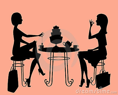 Silhouette Of Two Ladies Drinking Tea After A Long Day Shopping  Items